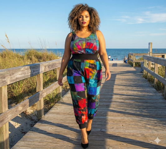 Woman in a colorful patchwork jogger  walking on a wooden boardwalk by the ocean.