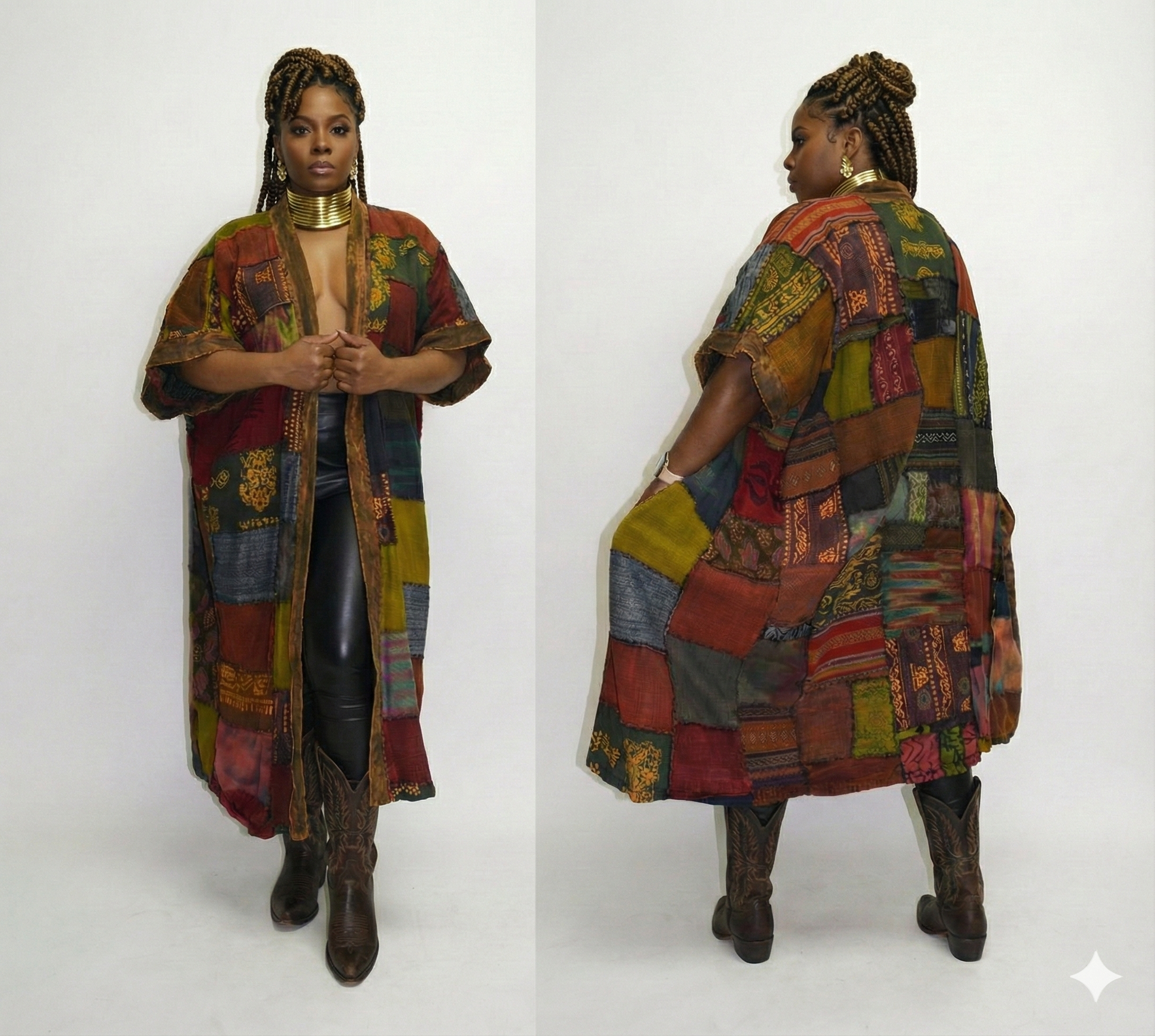 Woman wearing a colorful patchwork coat with front and side views on a white background