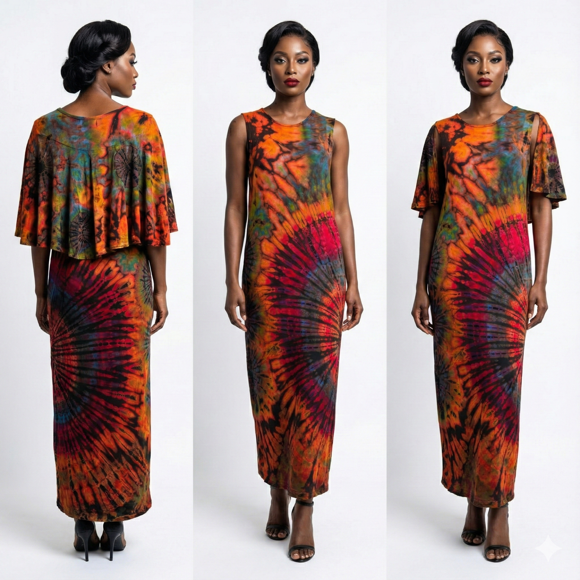 Woman wearing a colorful tie-dye dress on a white background