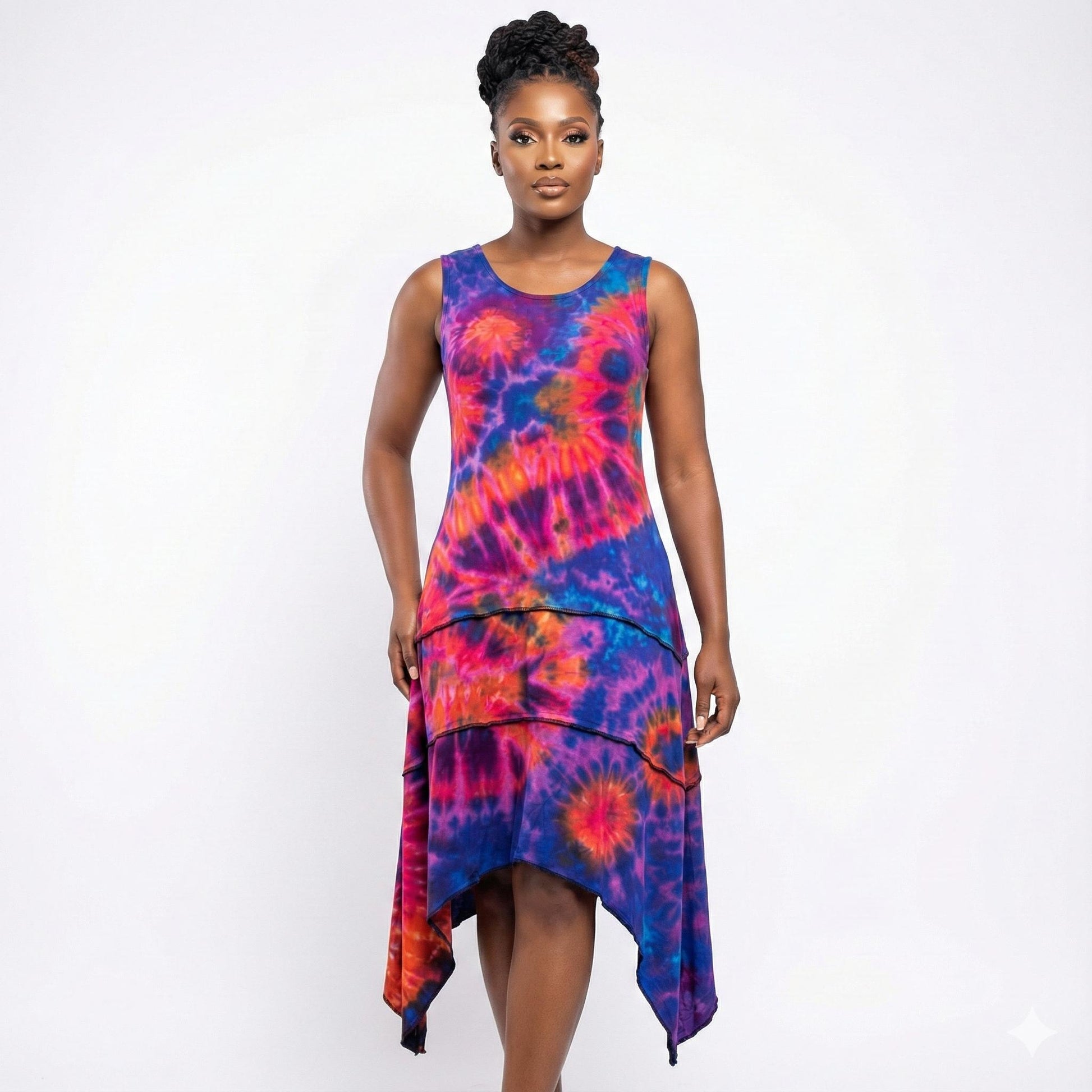 Woman wearing a colorful tie-dye dress on a white background
