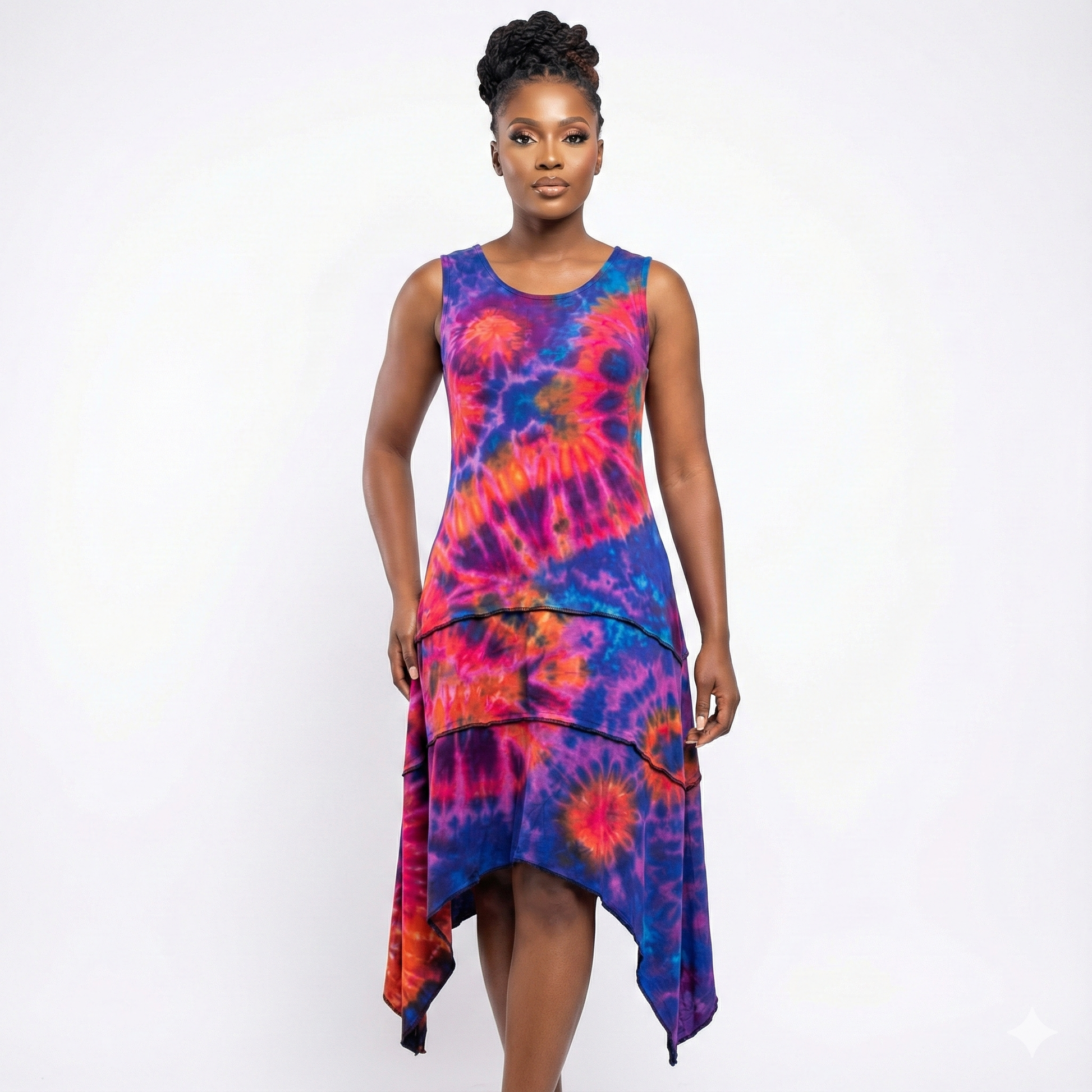 Woman wearing a colorful tie-dye dress on a white background