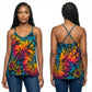 Woman wearing a tie-dye tank top with front and back views on a white background