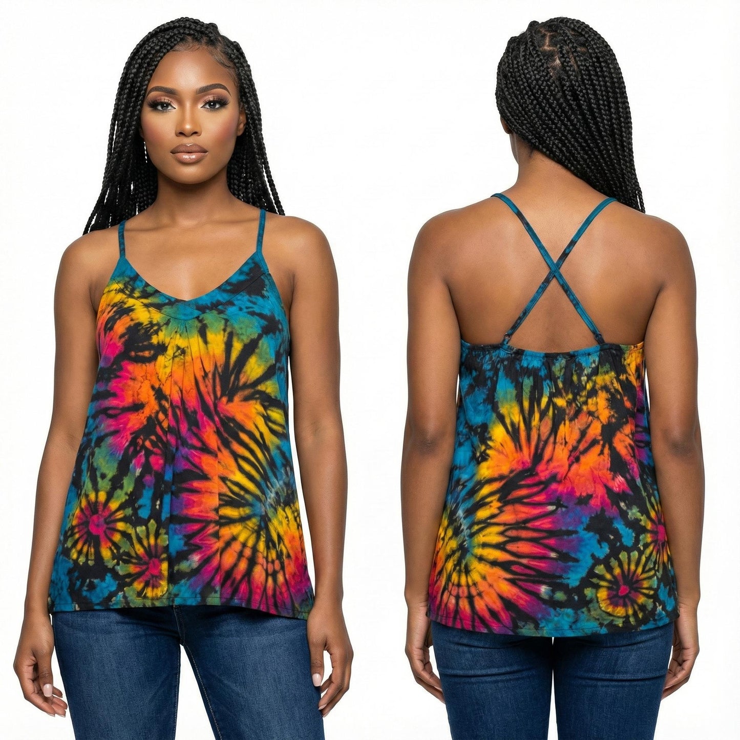 Woman wearing a tie-dye tank top with front and back views on a white background