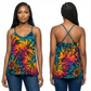 Woman wearing a tie-dye tank top with front and back views on a white background