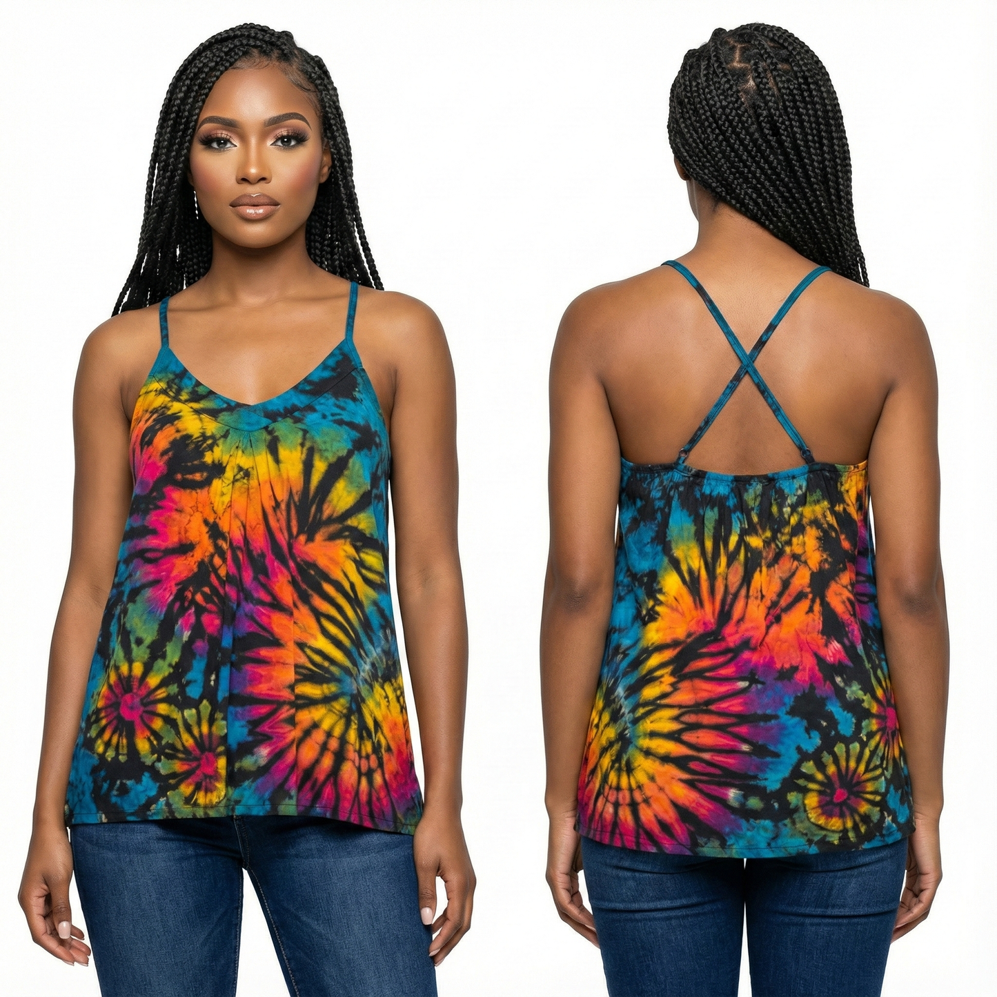 Woman wearing a tie-dye tank top with front and back views on a white background