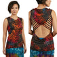 Woman wearing a tie-dye sleeveless top with colorful patterns on a beige background
