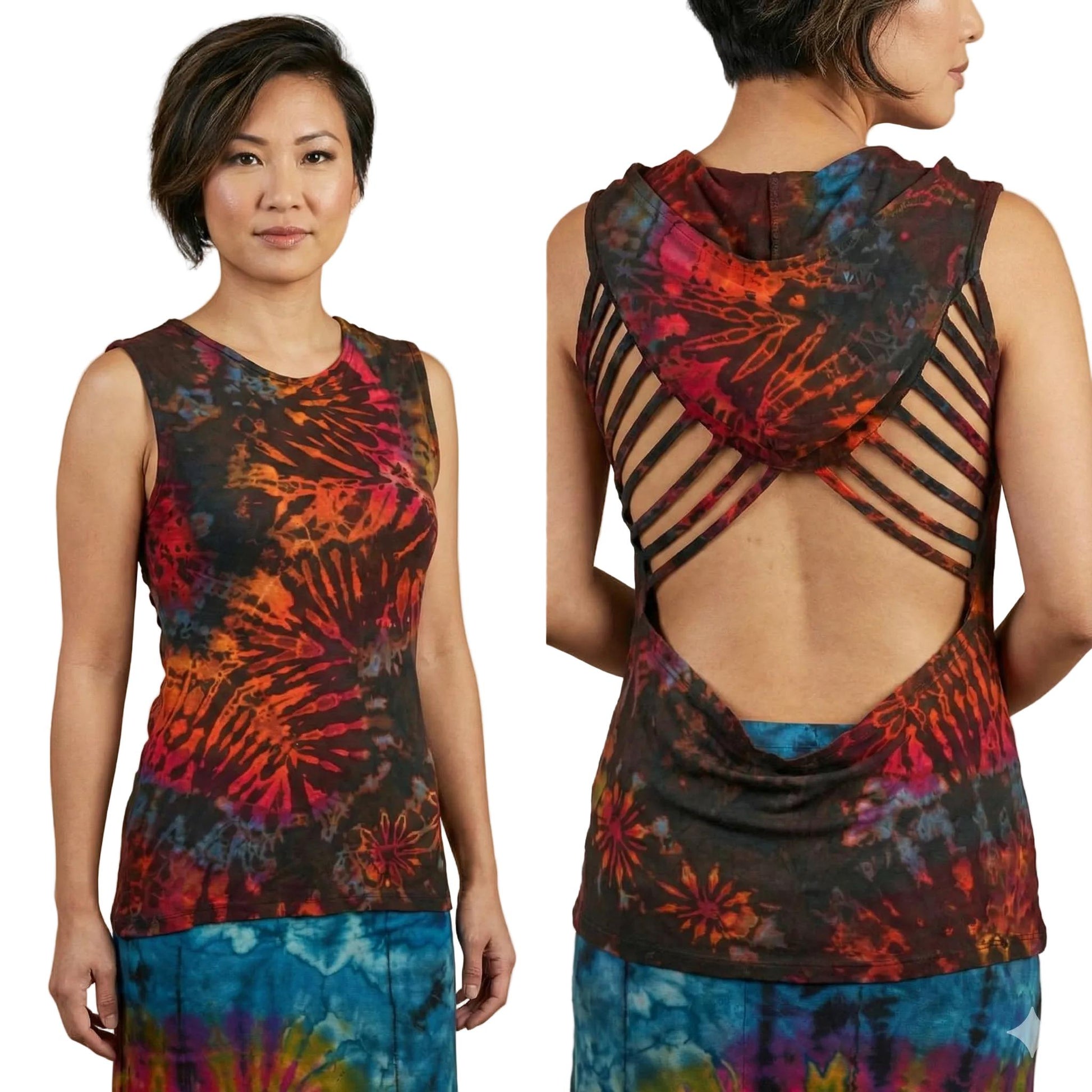Woman wearing a tie-dye sleeveless top with colorful patterns on a beige background