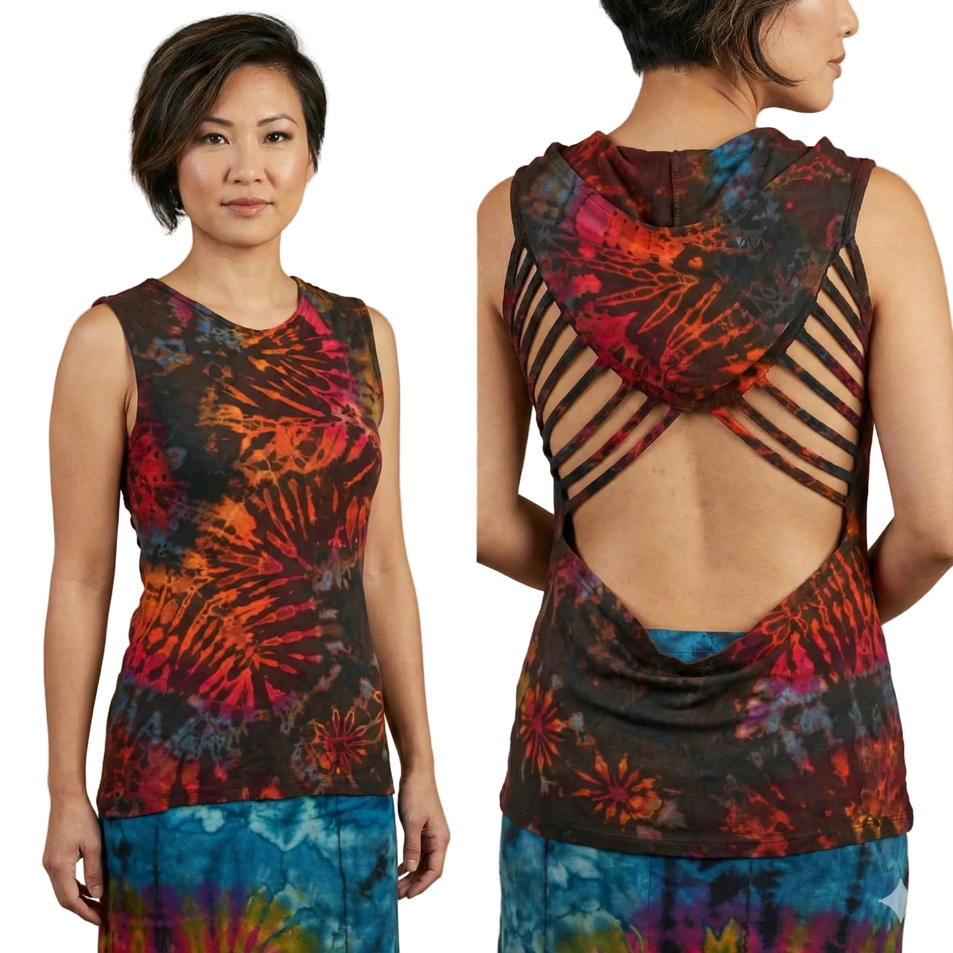 Woman wearing a tie-dye sleeveless top with colorful patterns on a beige background