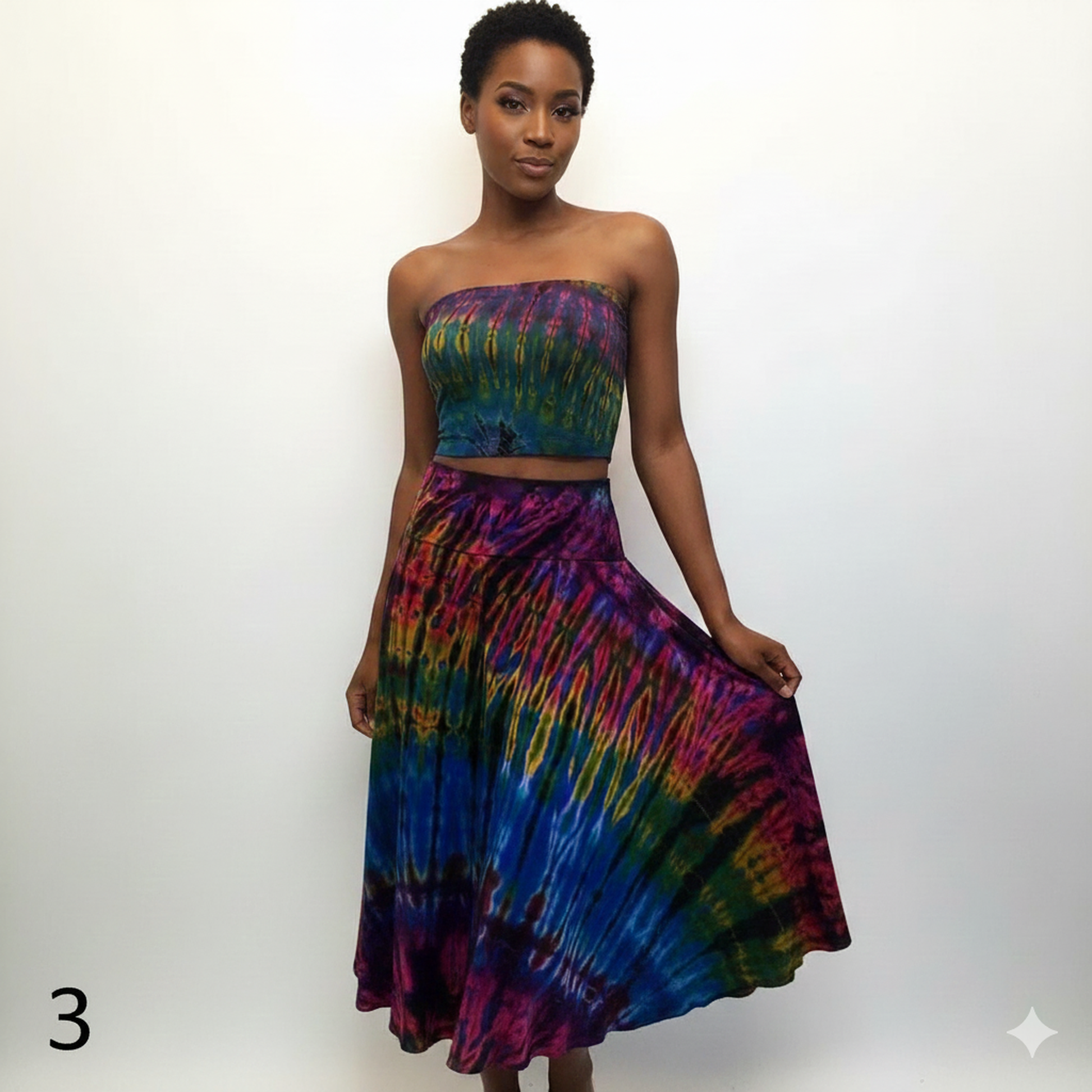 Woman wearing a colorful tie-dye tube top on a white background