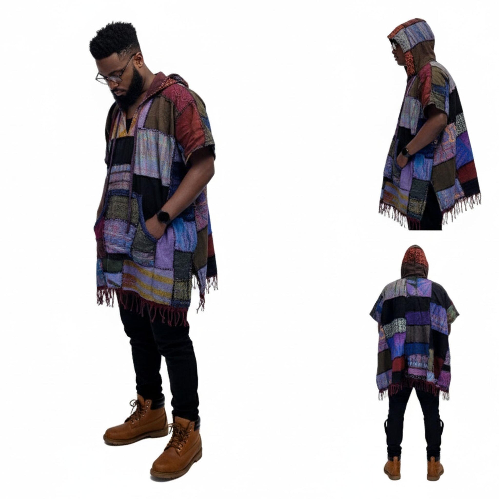 Person wearing a colorful patchwork poncho with three views on a white background