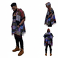 Person wearing a colorful patchwork poncho with three views on a white background