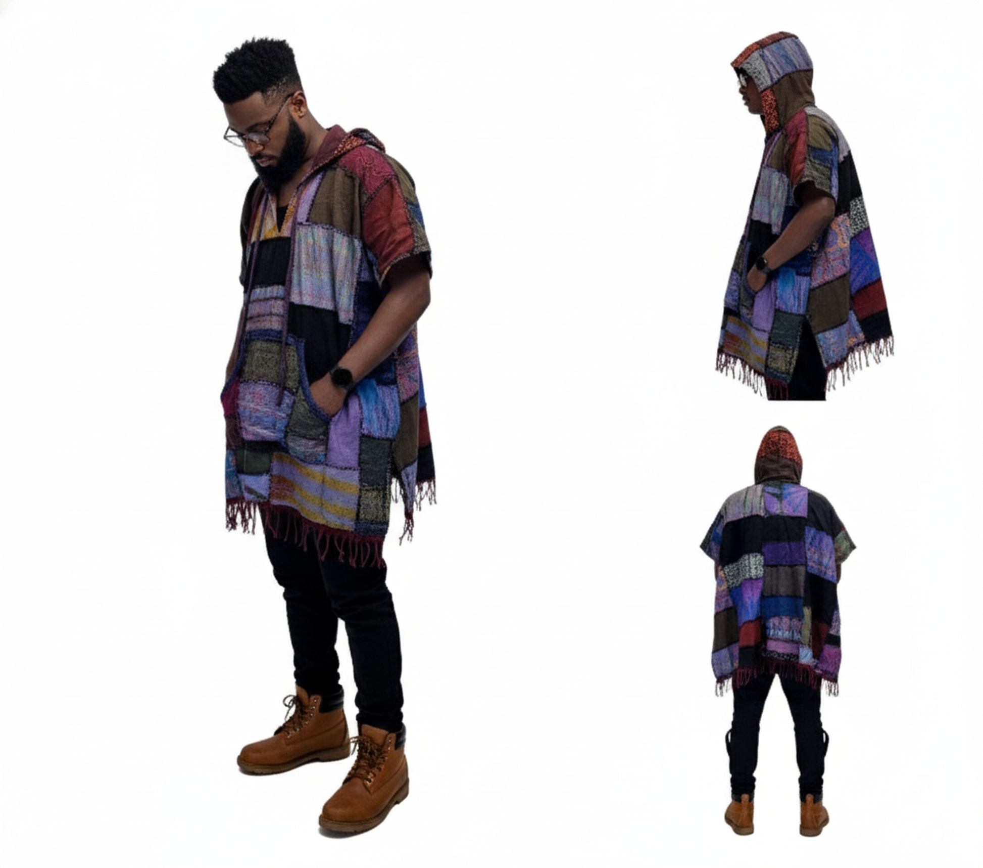 Person wearing a colorful patchwork poncho with three views on a white background