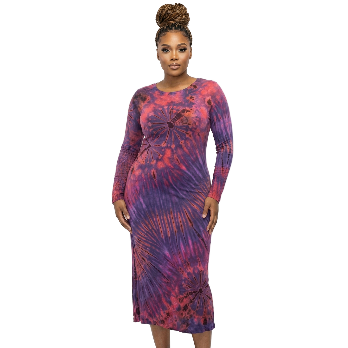 Woman wearing a tie-dye dress with long sleeves on a white background