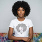 Woman in white t-shirt with rhinestone Afro design and pink lips, gold earrings.