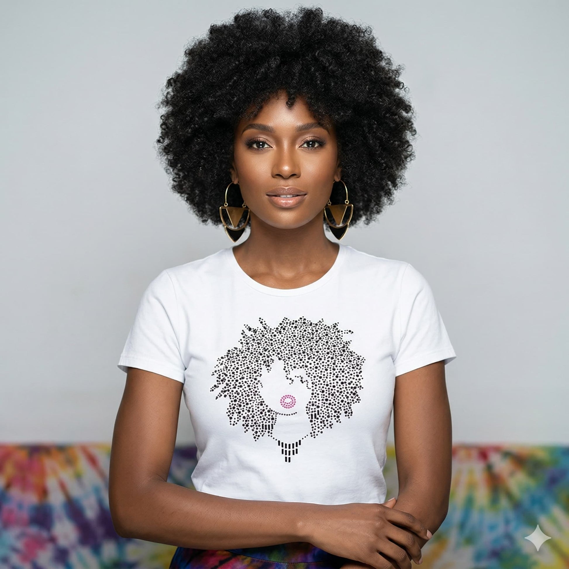 Woman in white t-shirt with rhinestone Afro design and pink lips, gold earrings.