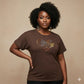 Brown "I Love Chocolate" rhinestone t-shirt with pearl oval stones, worn by a woman with curly hair.