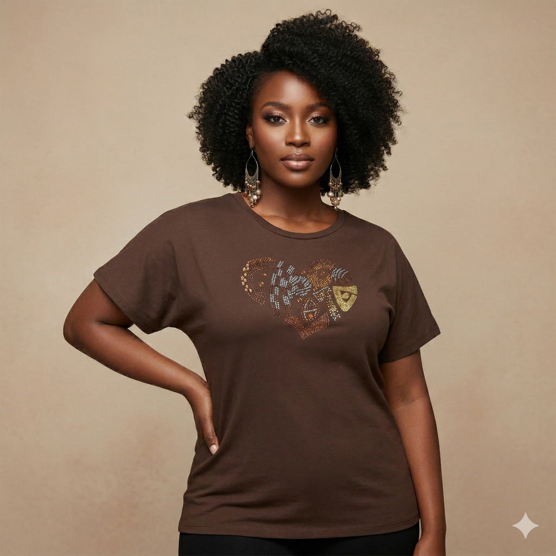 Brown "I Love Chocolate" rhinestone t-shirt with pearl oval stones, worn by a woman with curly hair.