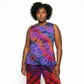 Person wearing a tie-dye sleeveless top and pants on a white background