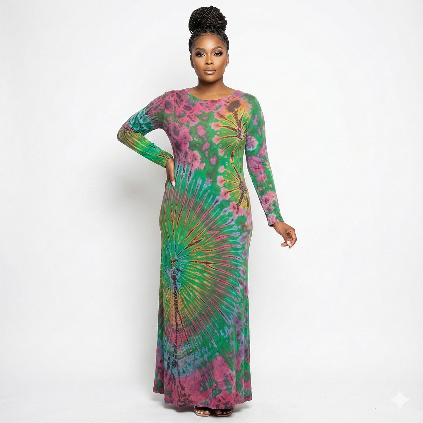 Woman wearing a colorful tie-dye dress on a white background