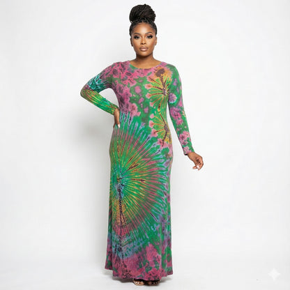 Woman wearing a colorful tie-dye dress on a white background