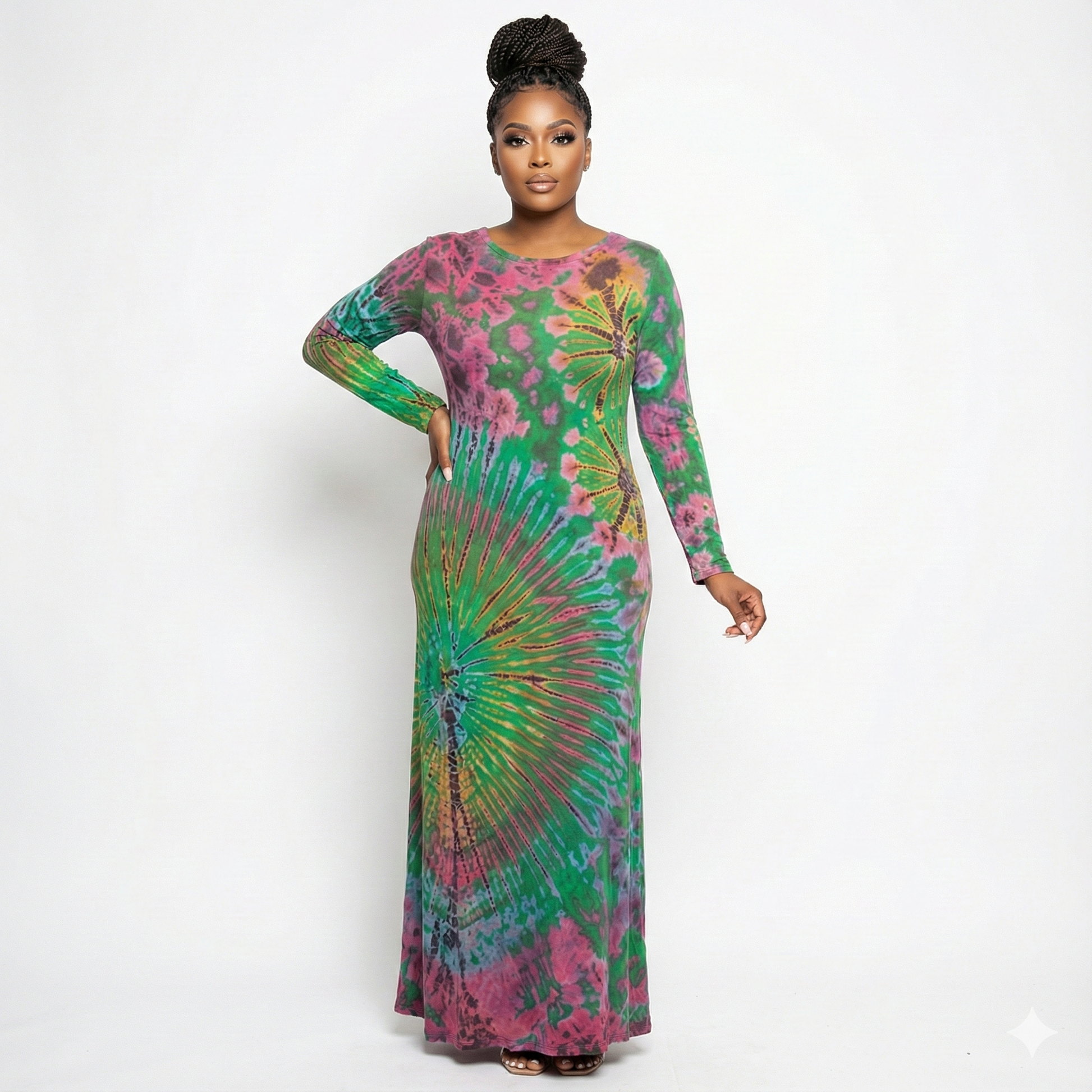 Woman wearing a colorful tie-dye dress on a white background
