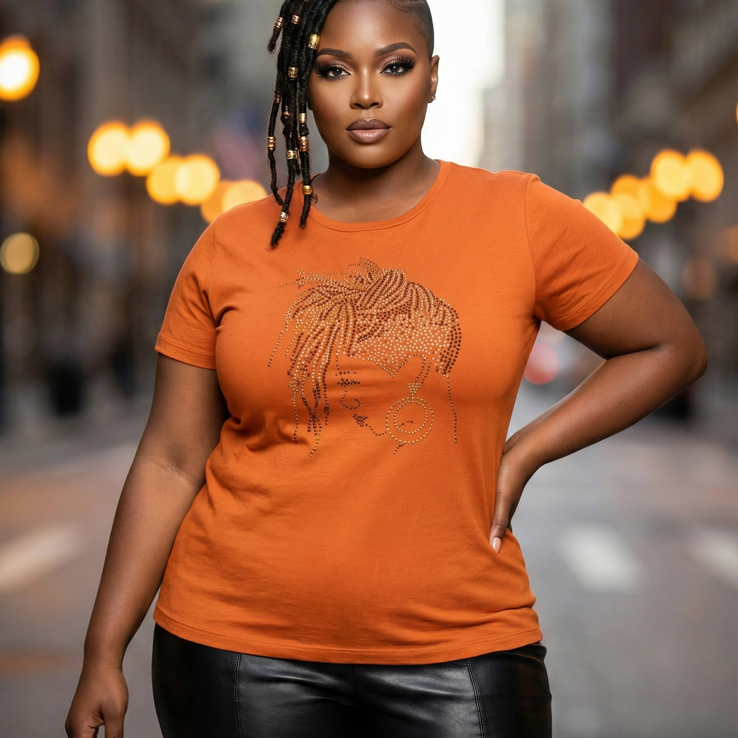Woman in an orange t-shirt with a rhinestone loc design, black leather pants