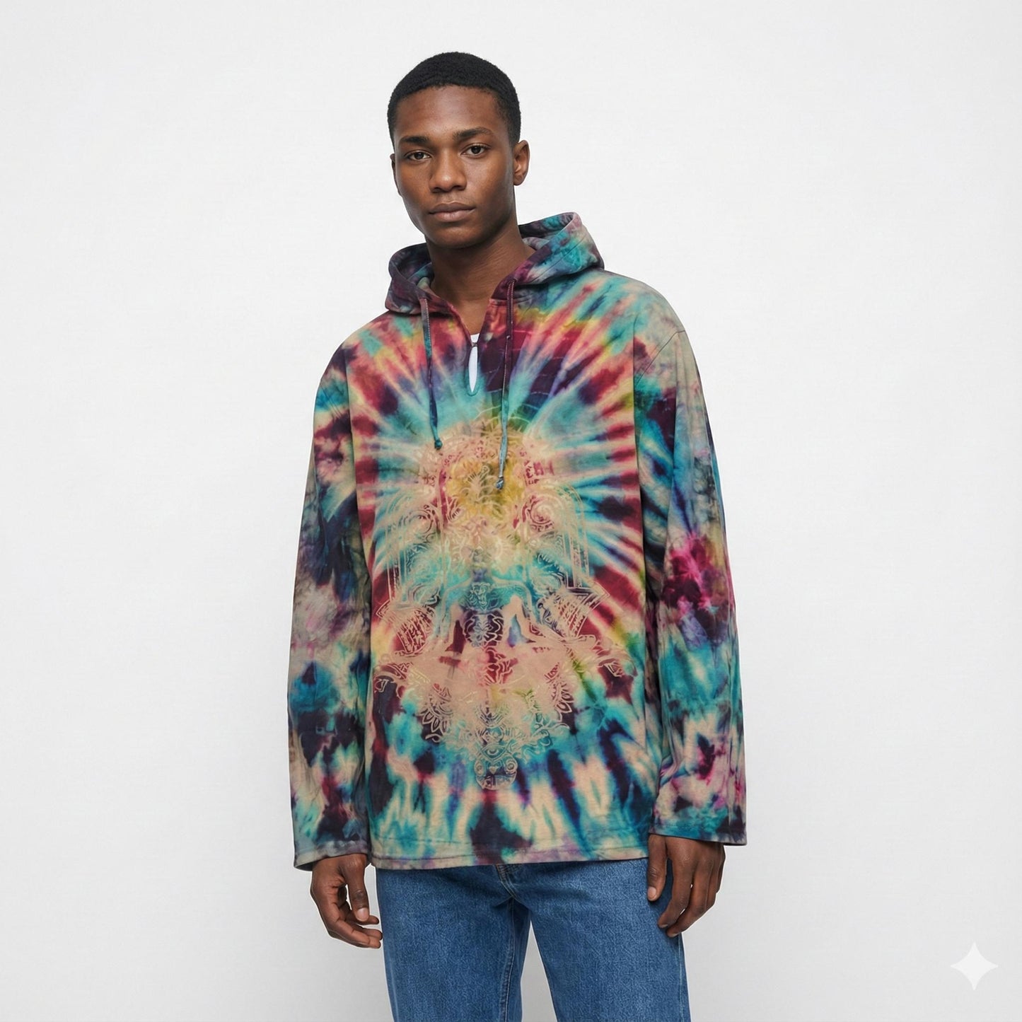 Person wearing a tie-dye hoodie on a white background