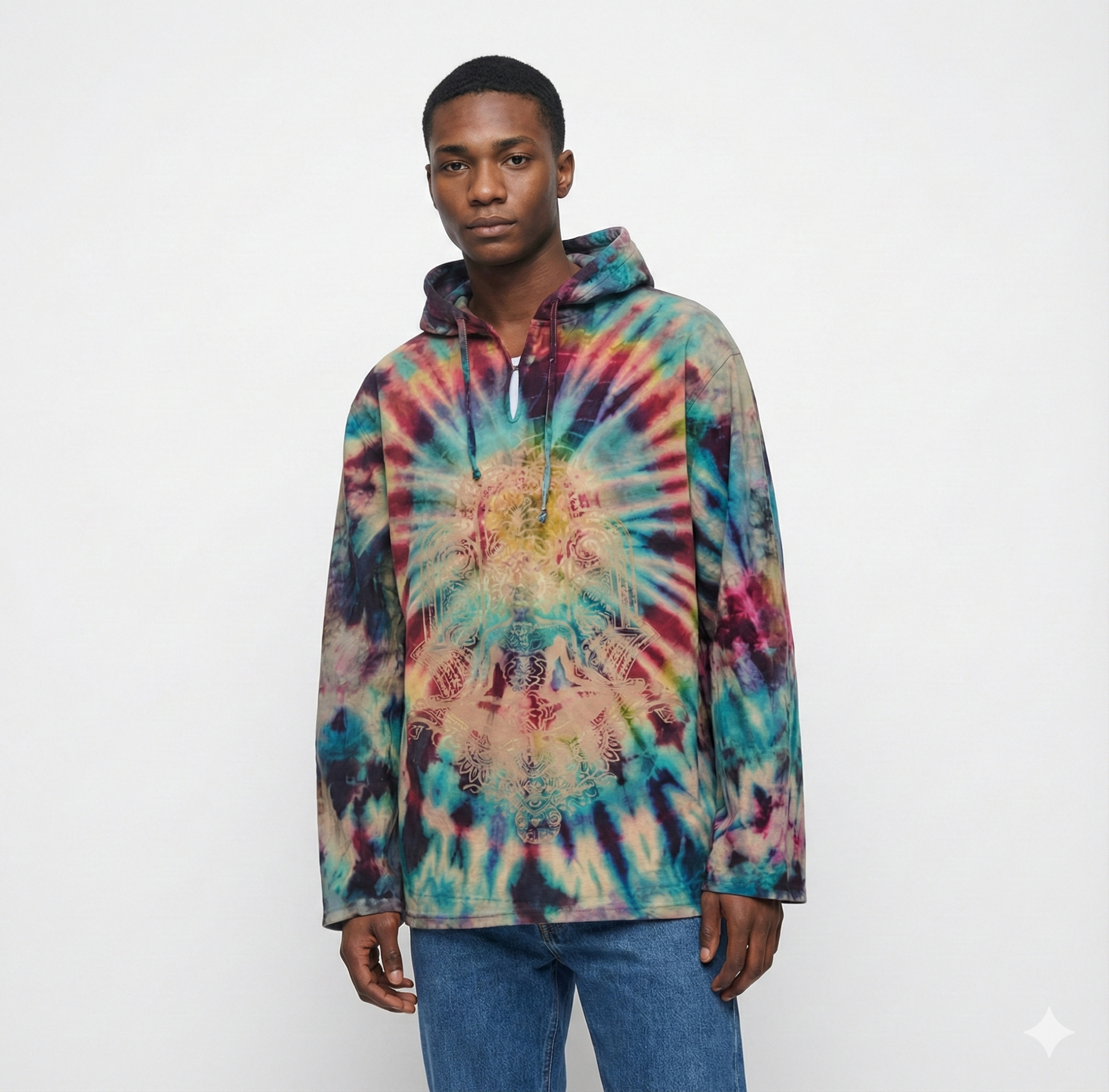 Person wearing a tie-dye hoodie on a white background