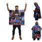 Man wearing a colorful patchwork poncho with three views on a white background