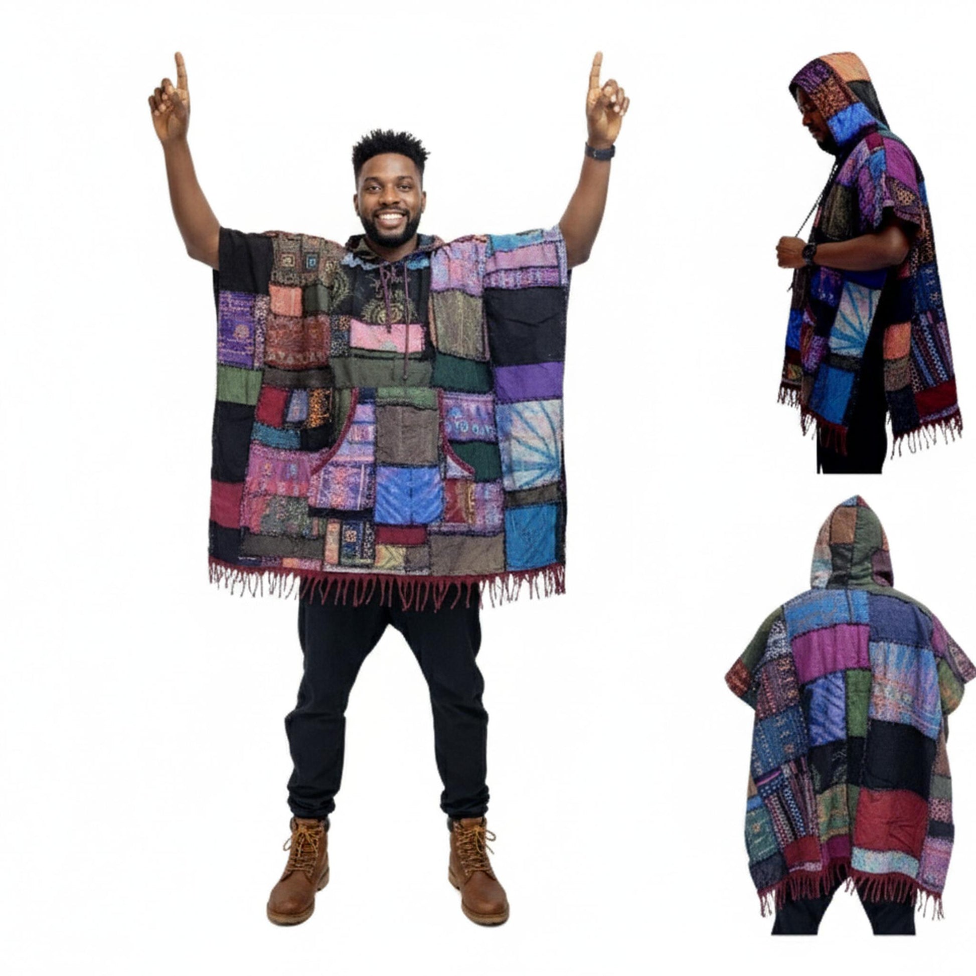 Man wearing a colorful patchwork poncho with three views on a white background
