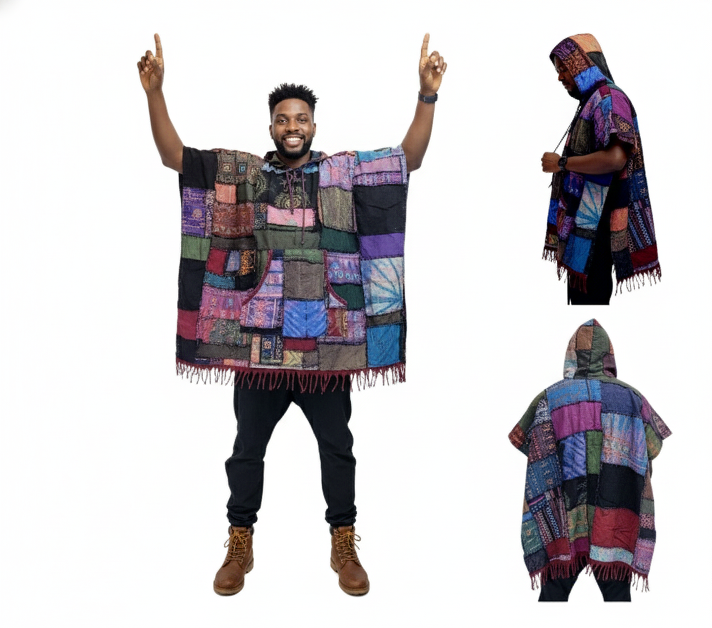 Man wearing a colorful patchwork poncho with three views on a white background