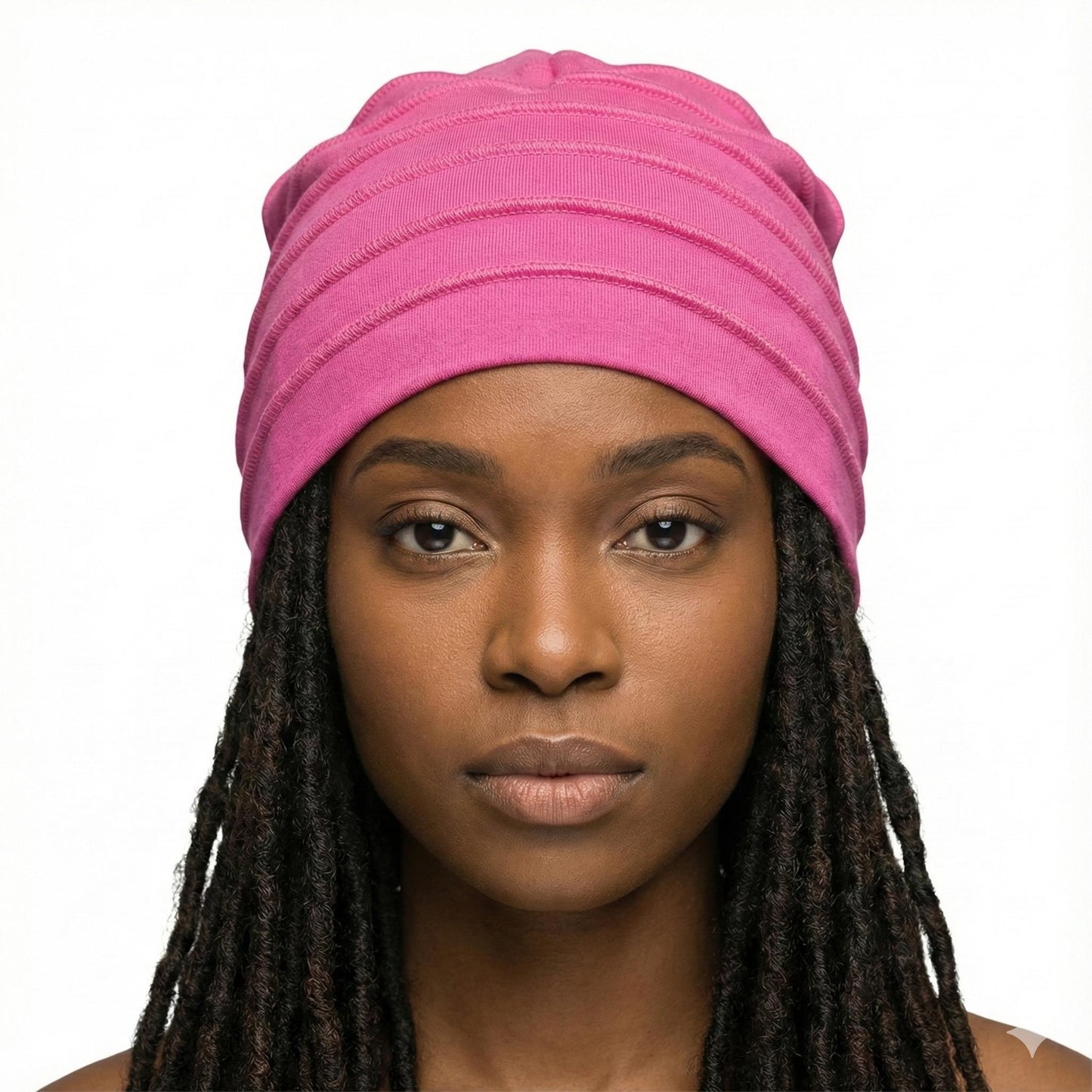 Woman wearing a pink hat on a white background-Sanjules