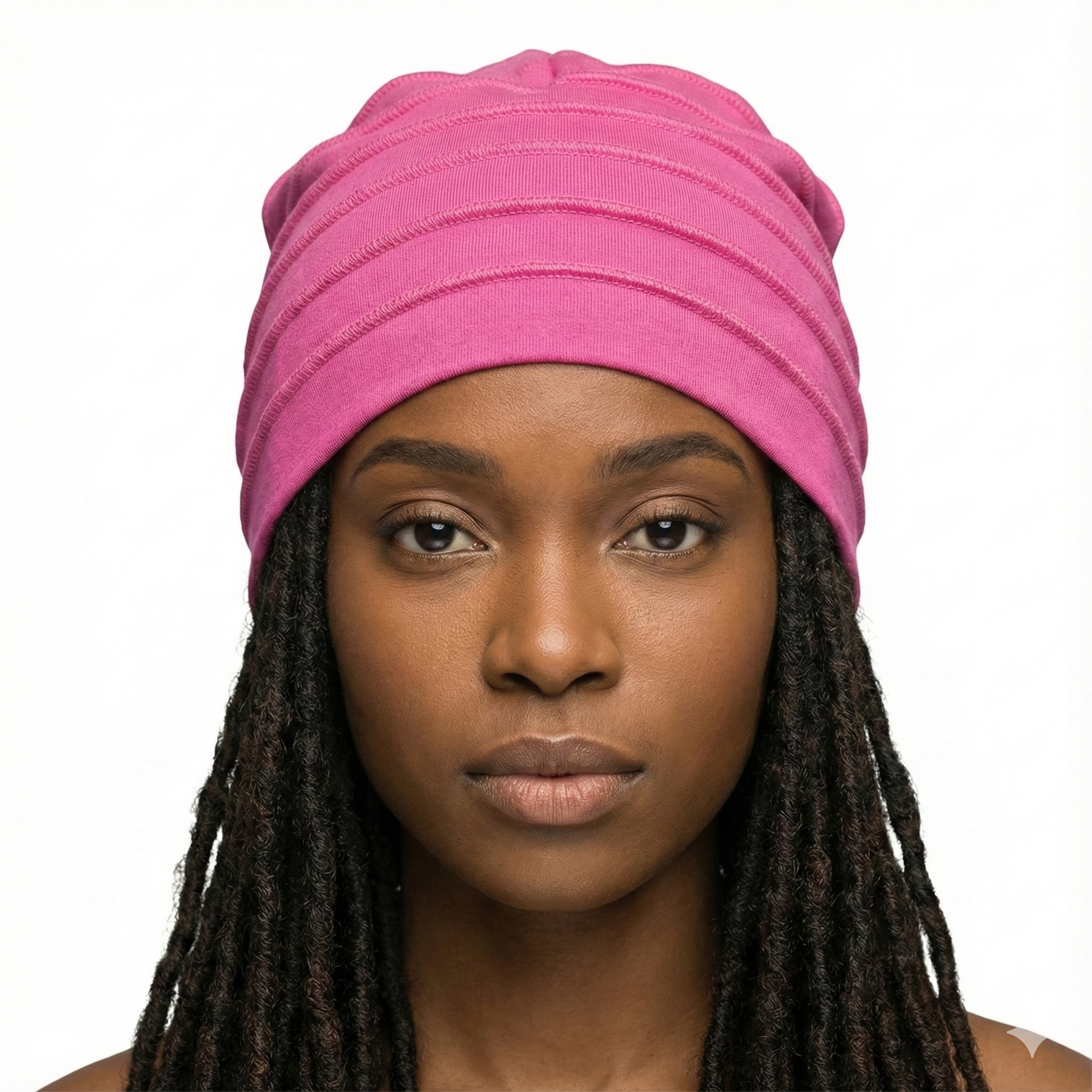 Woman wearing a pink hat on a white background