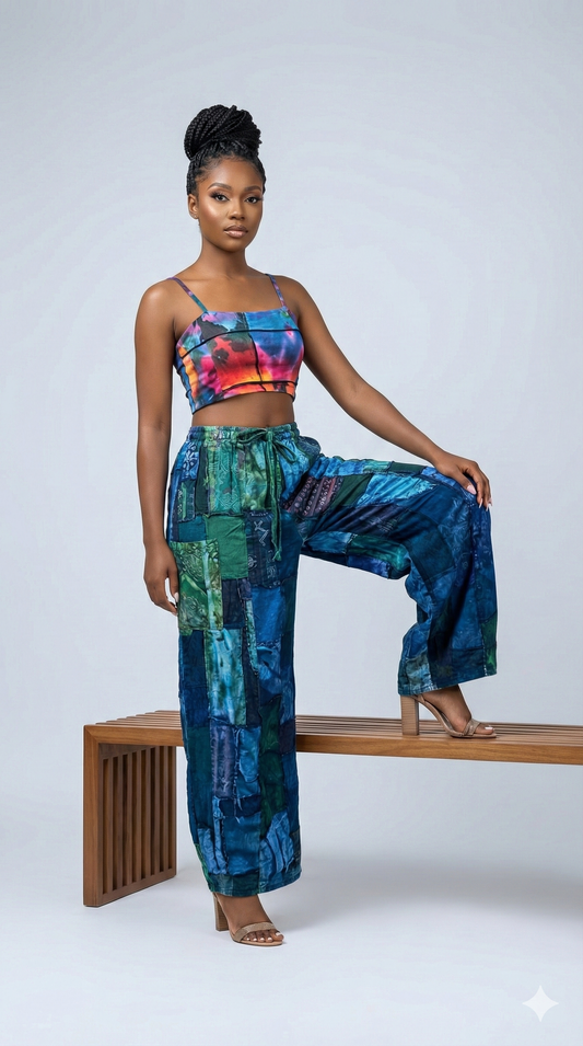 Woman in a patchwork wide leg pants foot resting on a wooden bench against a plain background