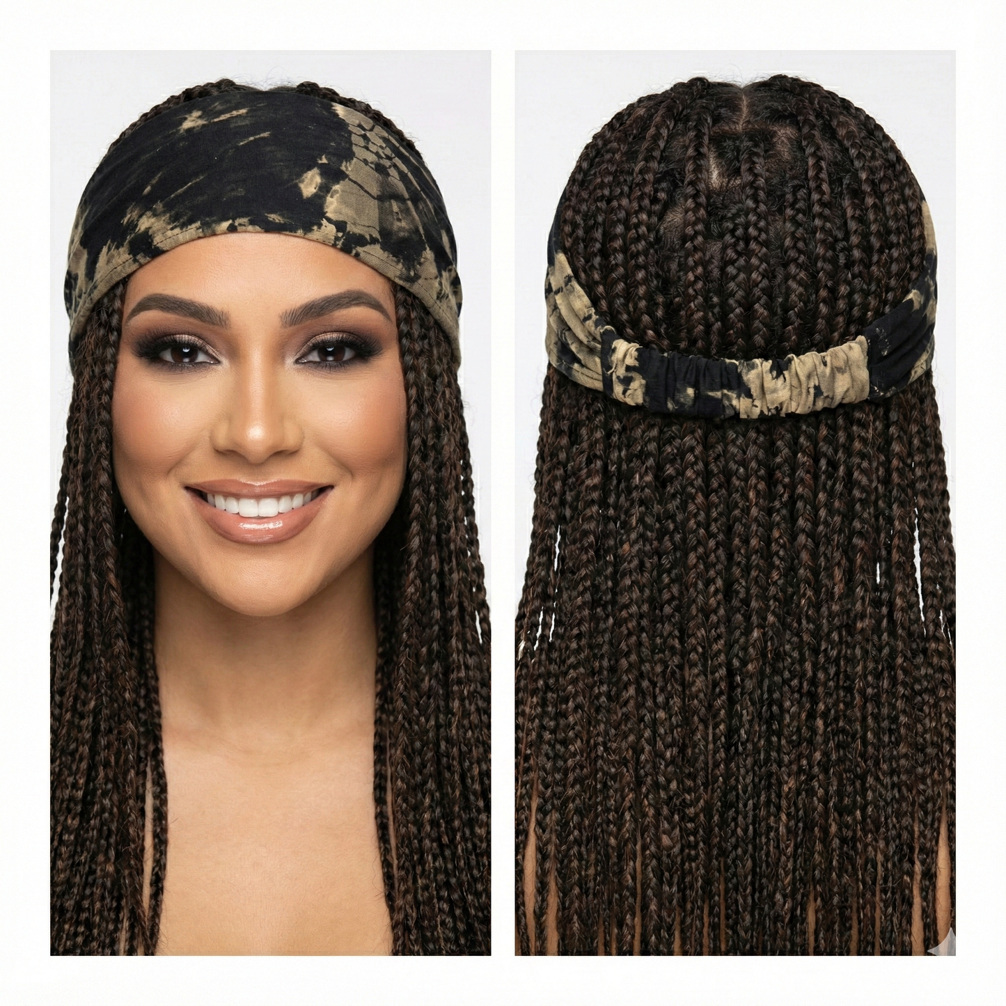 Woman with braided hair styled with a black and cream headband on a white background