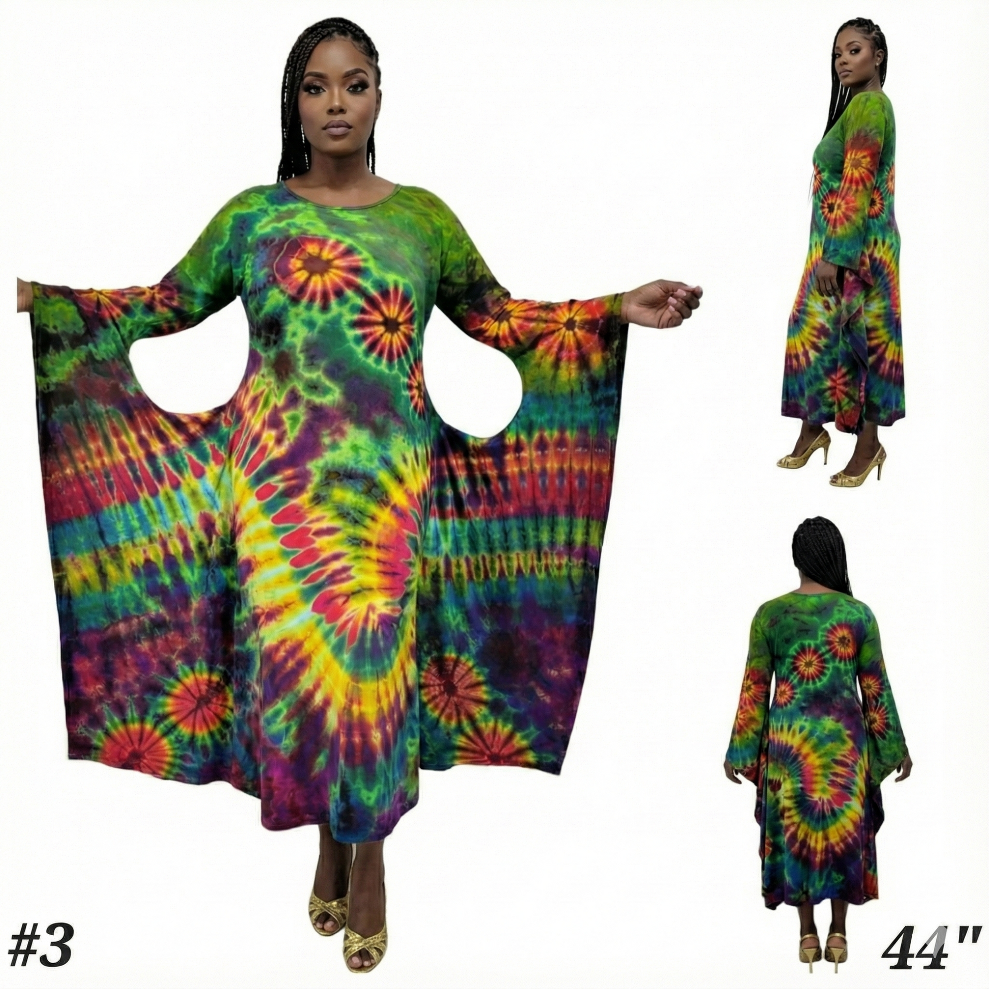 Multicolored tie-dye dress with long sleeves and a flowing design