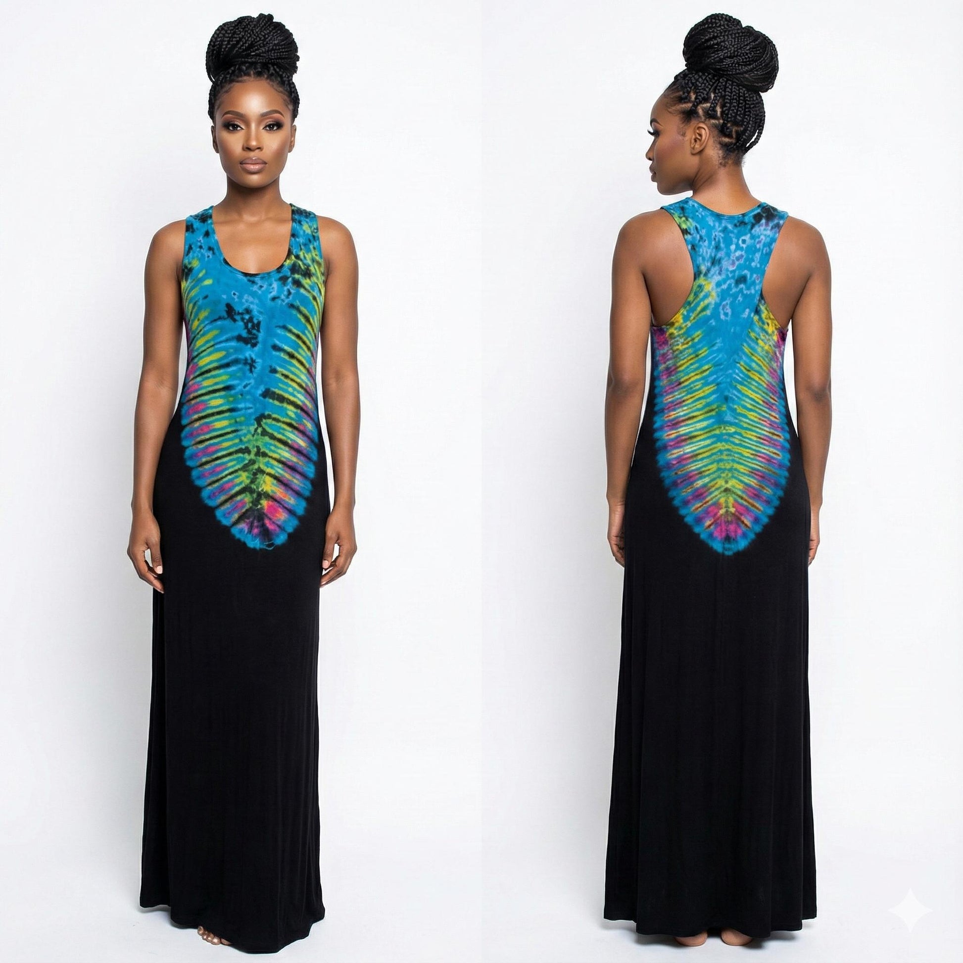Woman wearing a black dress with tie-dye patterns on a white background