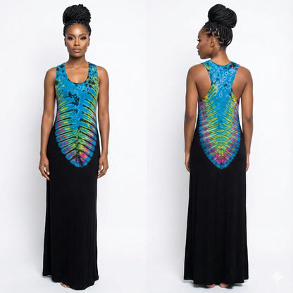 Woman wearing a black dress with tie-dye patterns on a white background