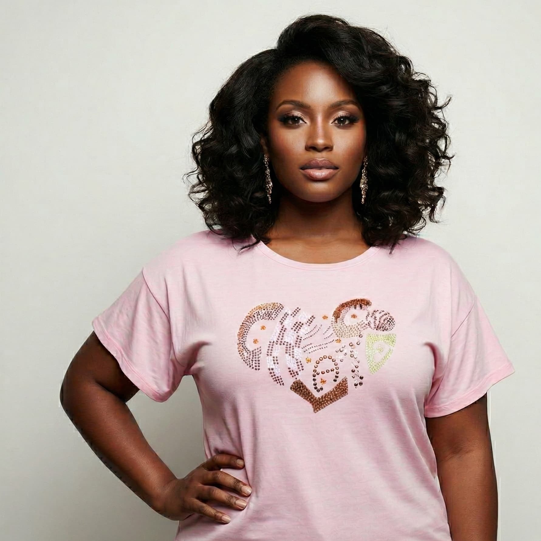 Woman in a pink I Love Chocolate rhinestone t-shirt with pearl oval stones and reflective film.