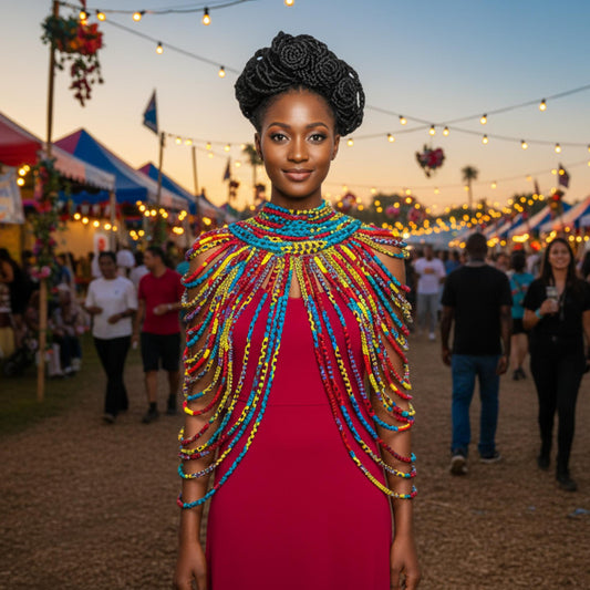 Woman wearing a colorful beaded shoulder piece over a red dress on a white background