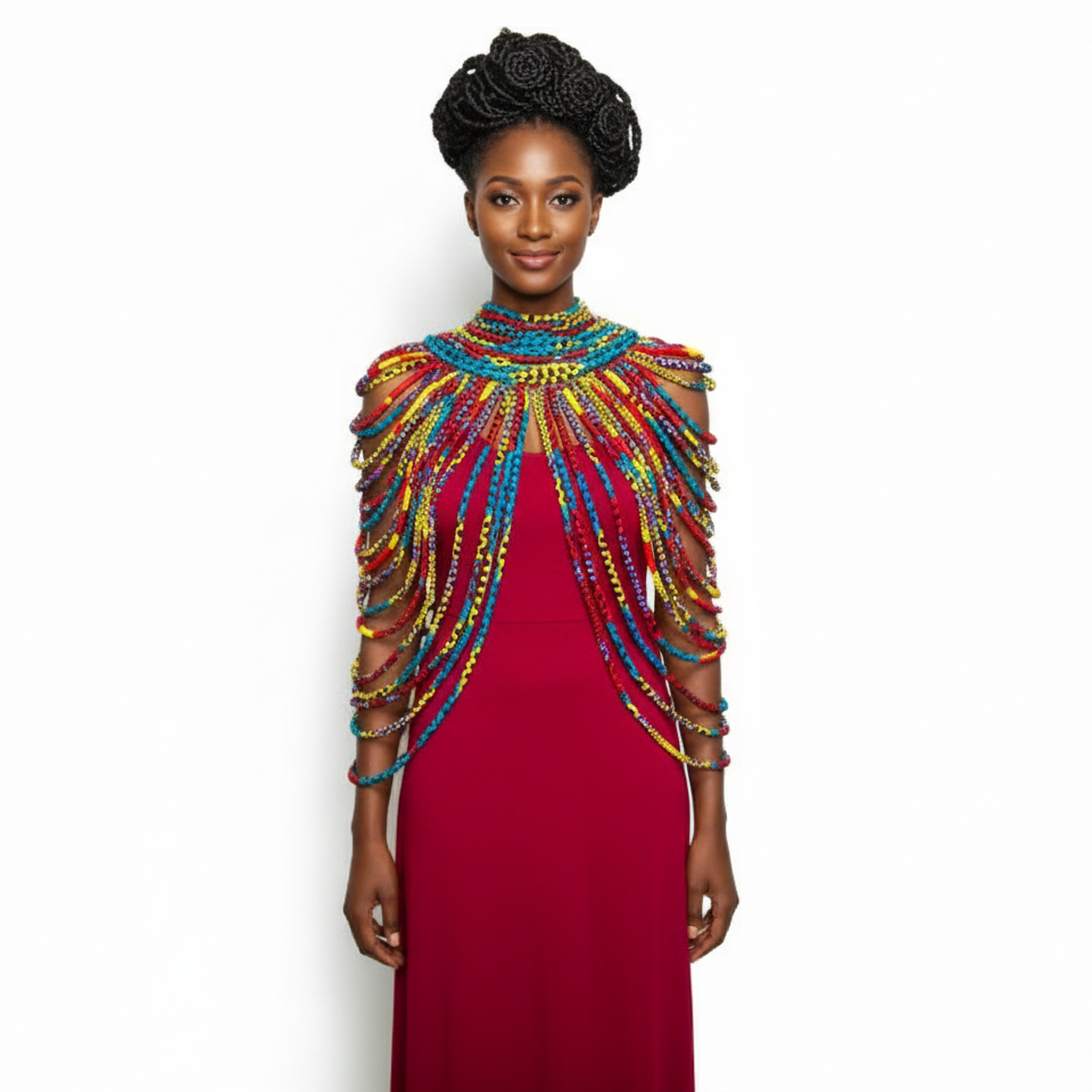 Woman wearing a colorful beaded shoulder piece over a red dress on a white background