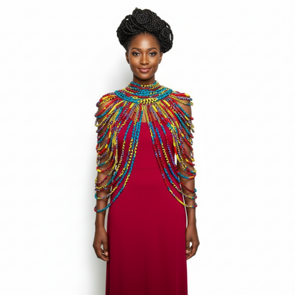 Woman wearing a colorful beaded shoulder piece over a red dress on a white background
