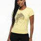 Woman in a fitted yellow cotton t-shirt with a sparkling rhinestone loc design.