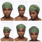 Collage of a woman wearing a green headband from different angles on a white background