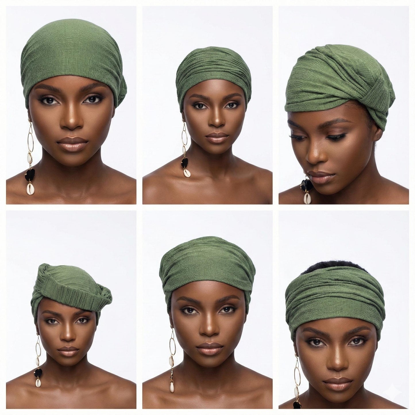 Collage of a woman wearing a green headband from different angles on a white background