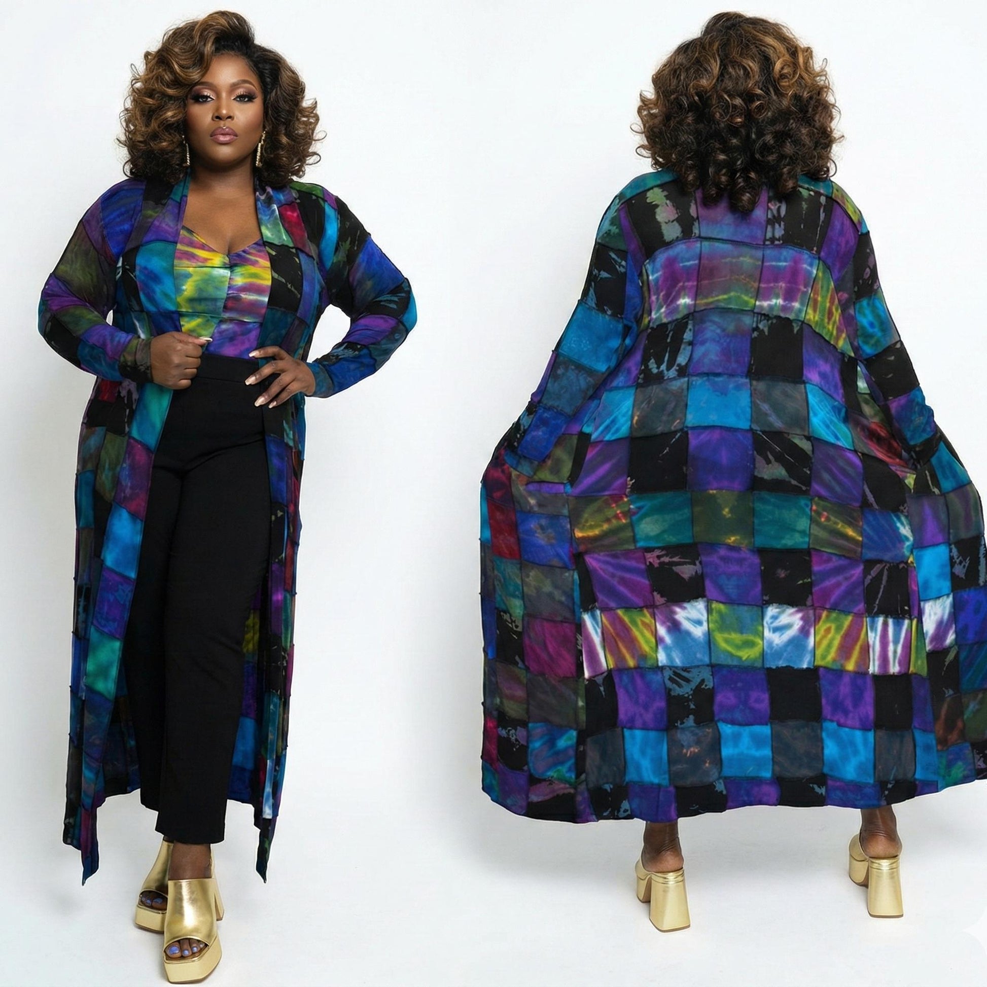 Woman wearing a colorful patchwork duster from front and back views on a white background