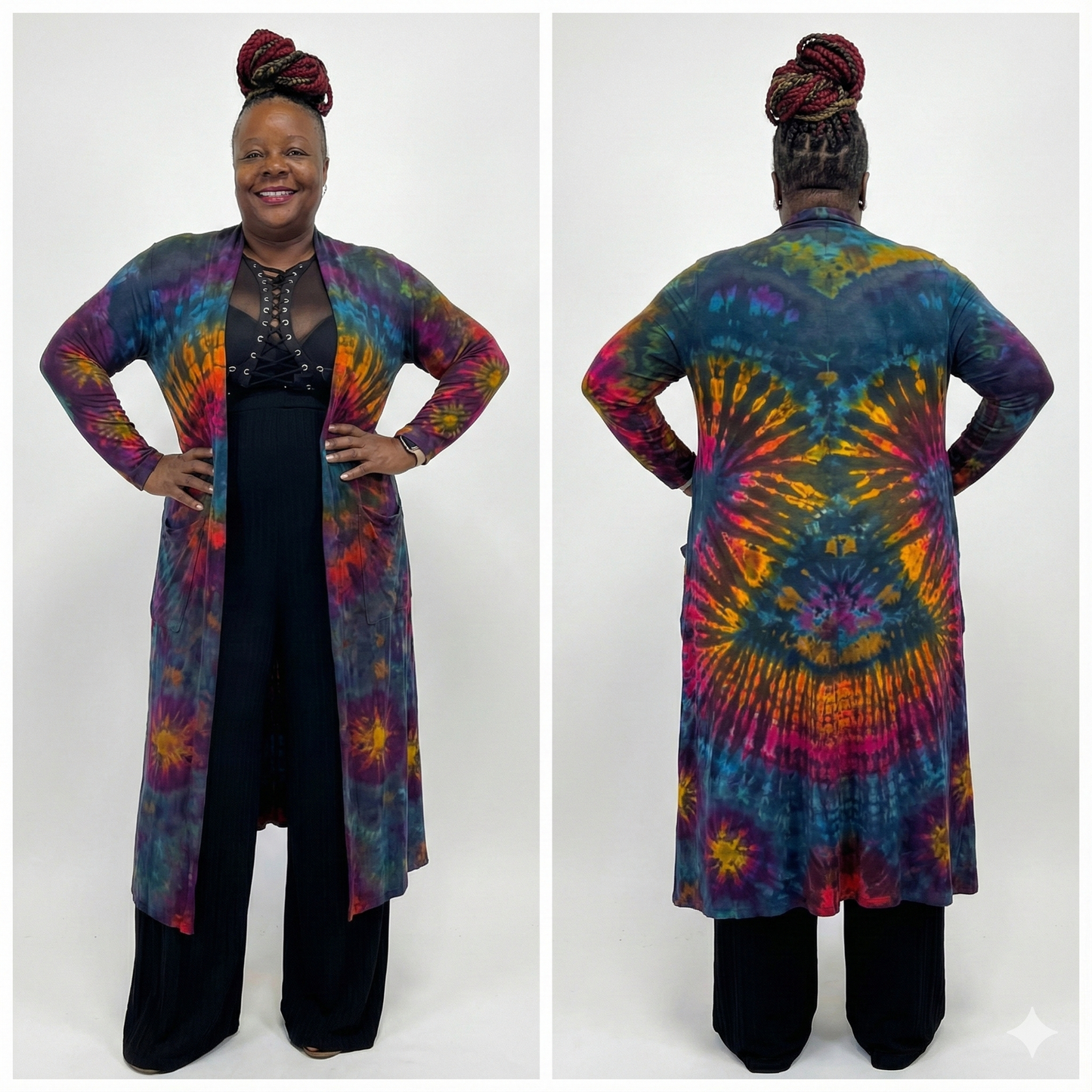 Person wearing a tie-dye long cardigan with a white background