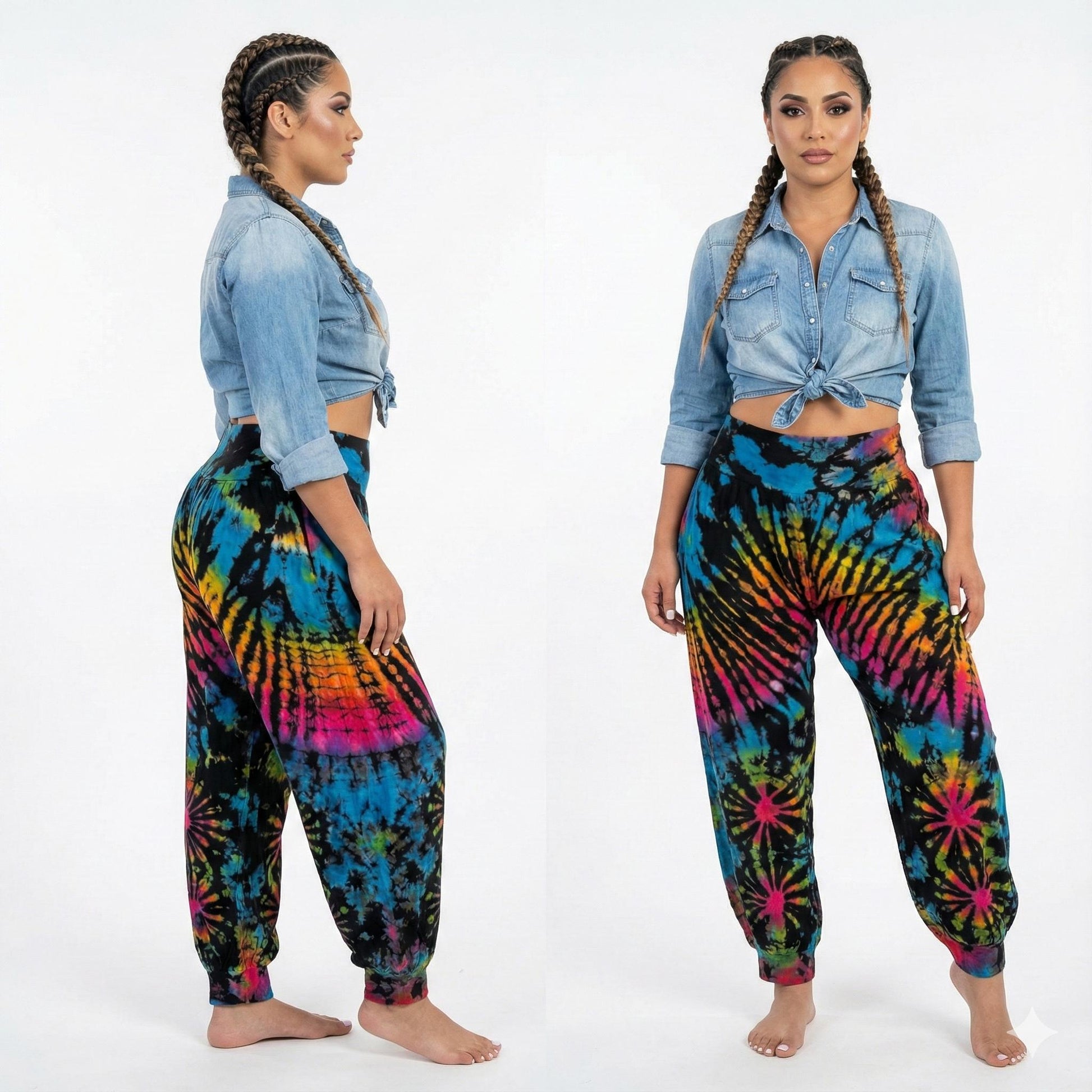Two women wearing colorful tie-dye pants and a denim shirt on a white background