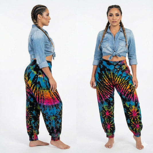 Two women wearing colorful tie-dye pants and a denim shirt on a white background