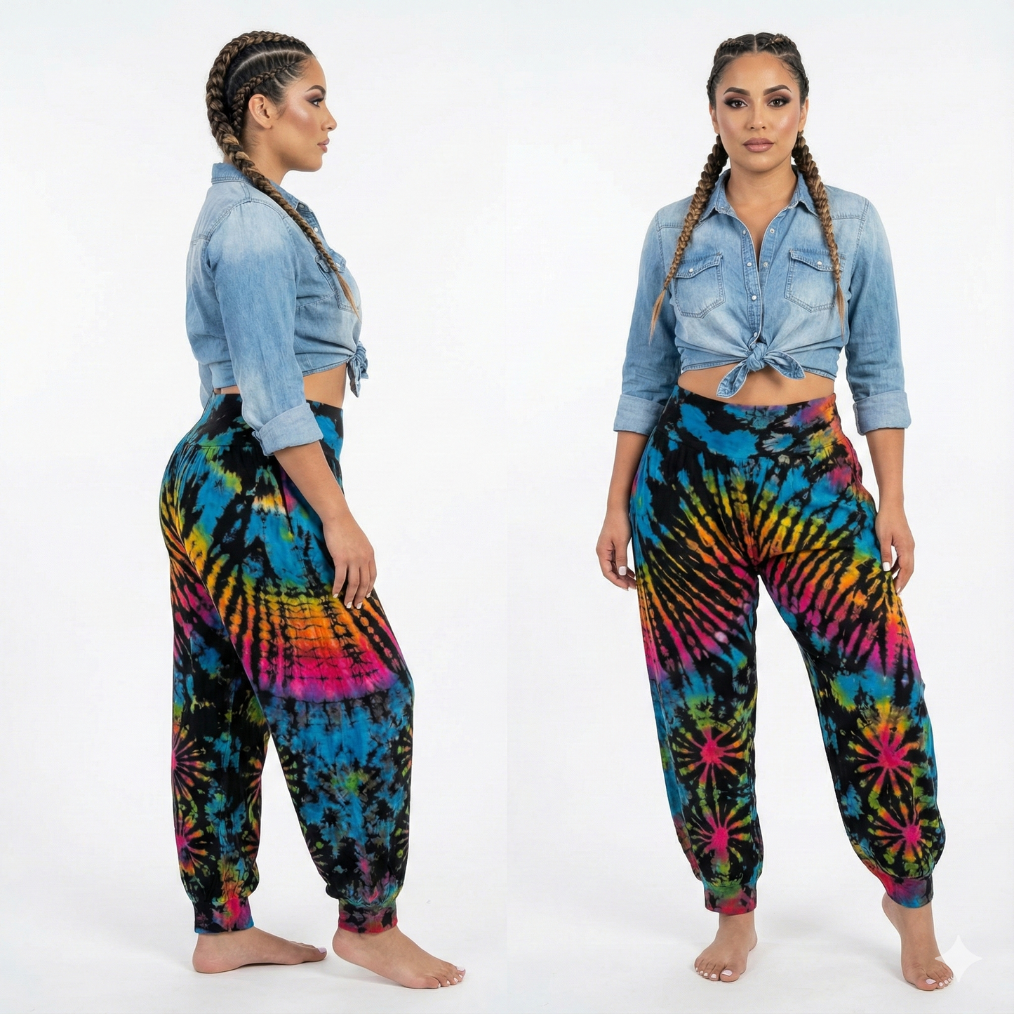 Two women wearing colorful tie-dye pants and a denim shirt on a white background
